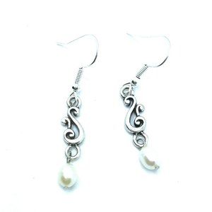 Brighton VIVALDI Scrollwork Ivory Pearl Teardrop Beads Custom Silver Earrings